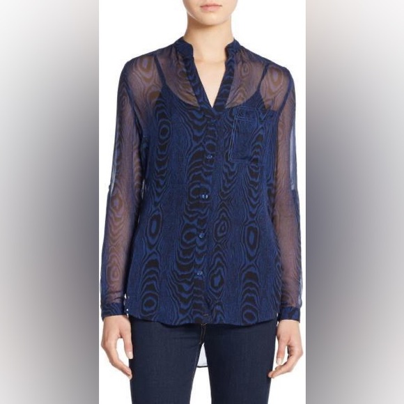 DVF Diane Von Furstenberg GILMORE Silk Sheer Blouse Top Grain Shadow nav… - Picture 4 of 9